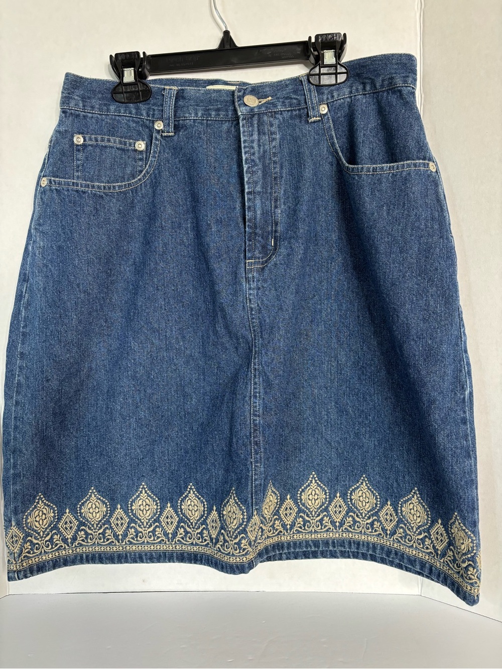 Blue Denim Mini Skirt with Cream Embroidered Hem